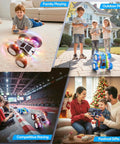 Children playing with Epic 360 Degree Flip RC Car All Terrain 4WD Stunt Toy, highlighting versatility indoors and outdoors.