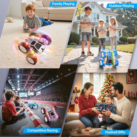 Children playing with Epic 360 Degree Flip RC Car All Terrain 4WD Stunt Toy, highlighting versatility indoors and outdoors.