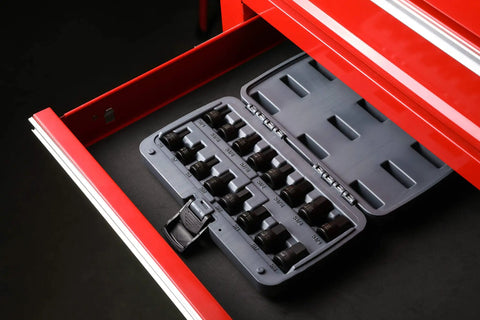 16 Piece Stubby Impact Hex Socket Set For SAE And Metric Sizes With Chrome Moly Steel Construction and case in tool drawer