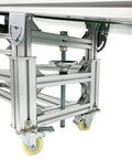 Close-up of adjustable aluminum frame and four wheel rollers of Badass Inclined Conveyor System With Non Slip PVC Belt Tilt Action For Warehouse Moves.
