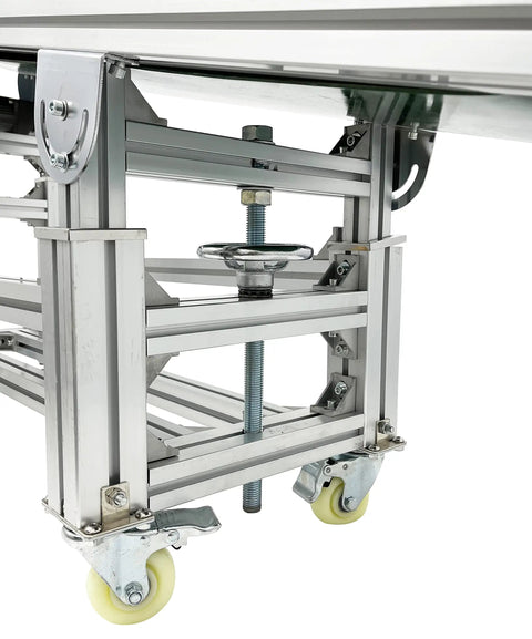 Close-up of adjustable aluminum frame and four wheel rollers of Badass Inclined Conveyor System With Non Slip PVC Belt Tilt Action For Warehouse Moves.