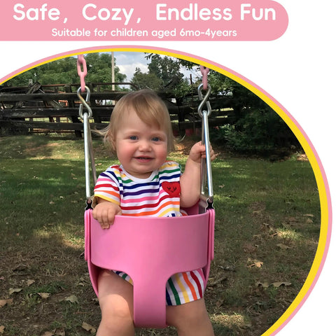 Pink Toddler Swing Seat With Heavy Duty High Back Full Bucket Design, child outdoors in safety swing