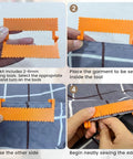 40 Piece Sewing Kit with 5mm Clip On Ruler used for edge stitching on fabric, showing step-by-step hemming process.