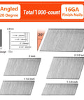 Illustration of 16 Gauge 20 Degree Angled Finish Nails 1-1/2 Inch 1000 Pack Galvanized dimensions and configurations