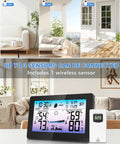 Must Have Weather Station Wireless Indoor Outdoor Digital Thermometer With Accurate Temperature And Humidity Big Seven Point Five Inch Color HD Display With Remote Sensor Weather Forecast Atomic Clock And Moon Phase displayed on a table.
