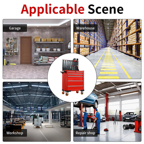 Rolling Tool Cabinet With Lock For Workshop And Garage, Five Drawer Garage Chest On Wheels For Mobile Tool Storage, Heavy Duty Organizer For Warehouse And Shop, Durable Cold Rolled Steel Body In Red, shown in garage and repair shop
