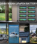 24V 100Ah LiFePO4 Battery With 2560W Output displayed in setup for RV, marine, solar, off-grid use