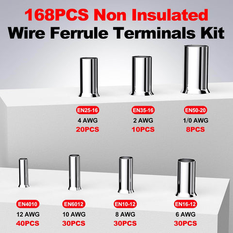 Image showing 168 Piece Wire Ferrule Kit For AWG 12 To One Zero Copper Tinned Crimp Ferrule Connectors Non Insulated End Terminal Sleeves for Electrical Wiring