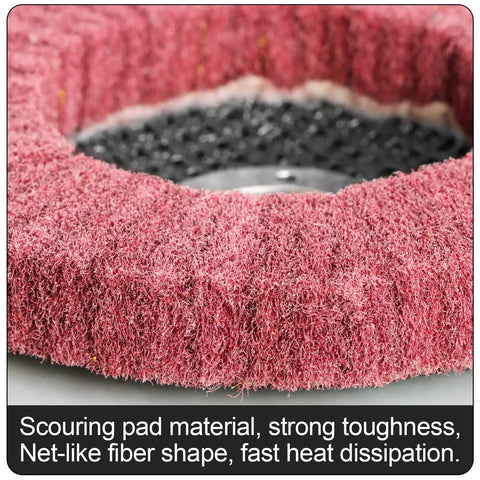 Close-up of 15-piece nylon fiber flap disc set for angle grinder, scouring pad material, fast heat dissipation, 4.5 by 0.875 inch.