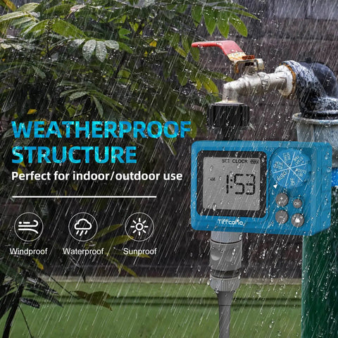 Outdoor Sprinkler Timer With Digital Programmable Settings For Garden Hose, Rain Delay, Manual Mode in rain showing weatherproof feature.