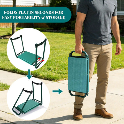 Heavy Duty Garden Kneeler And Seat With Dual Tool Bags, Extra Wide 11.02 Inch Foldable Stool being carried folded by a person.