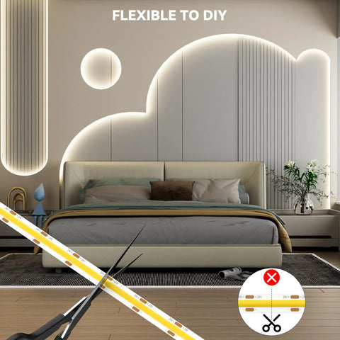 Bedroom setup with 48ft COB LED Strip Lights Crazy Bright 4000K Natural White For Cabinets And Home DIY Lighting along wall