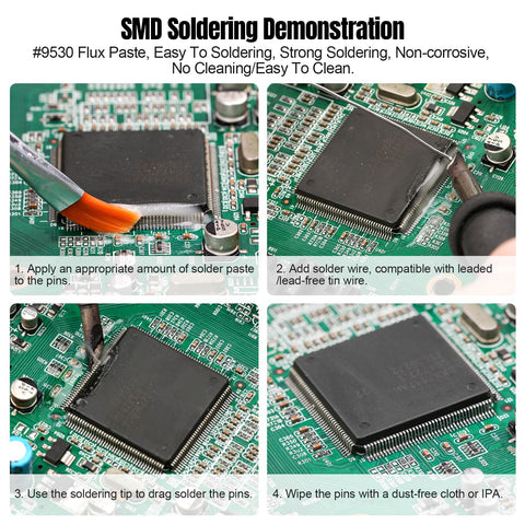 SMD soldering process using No Clean Solder Paste Flux For Electronics Repair, applying flux to PCB for IC BGA SMD rework.