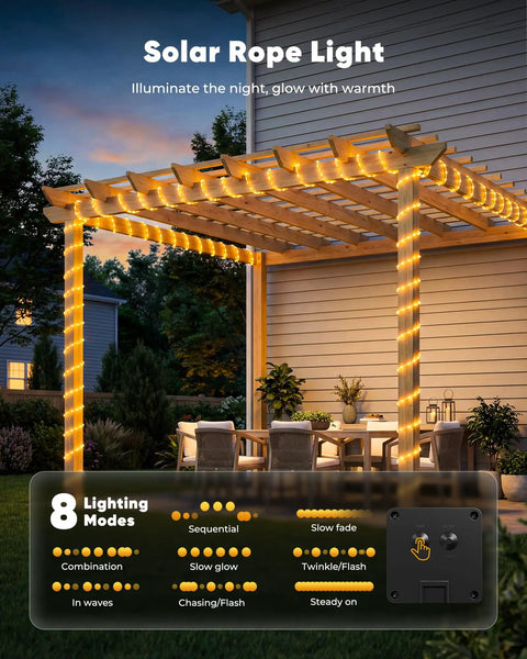 Solar Rope Lights 39Ft 100LED Outdoor String Lights IP65 Waterproof, 8 Lighting Modes, Warm White, Solar Powered on pergola
