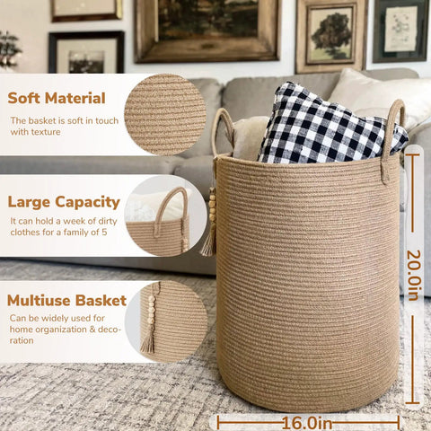 Boho Jute Laundry Hamper Basket With Handles Tall Wicker Hamper 16x20 inches in a living room, holding a checkered pillow.