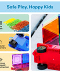 Four Piece Magnetic Car and Truck Base Tiles Set for Creative Building and Movable Vehicles, displayed in colorful tiles
