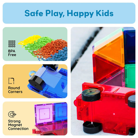 Four Piece Magnetic Car and Truck Base Tiles Set for Creative Building and Movable Vehicles, displayed in colorful tiles