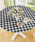 Round Picnic Tablecloth With Elastic Edges Waterproof Fitted Vinyl Cover For 36 to 44 Inch Tables, black and white plaid.