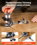 Heavy Duty Rock Solid 1 HP Wood Router 710W Variable Speed Palm Router in use, showcasing precision trimming on wood.