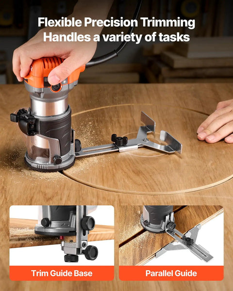 Heavy Duty Rock Solid 1 HP Wood Router 710W Variable Speed Palm Router in use, showcasing precision trimming on wood.