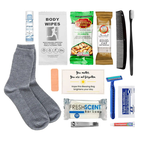 Five Complete Hygiene Care Packages For The Homeless With Socks Soap Toothbrush Toothpaste First Aid Wipes Lip Balm And Food