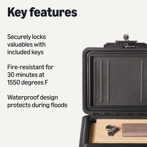 Open Fire Resistant Waterproof Safe Chest With Mechanical Key, 0.22 Cu Ft, Black, showing interior with jewelry and documents.