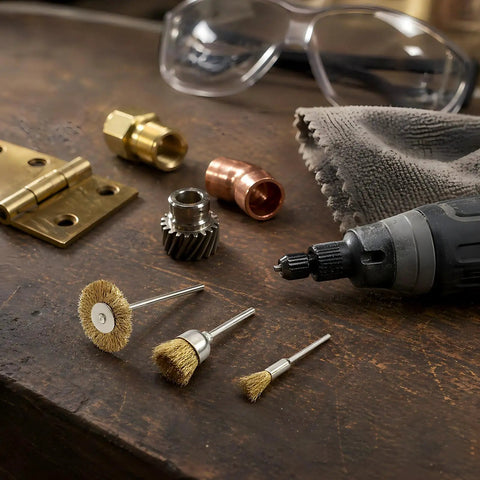 Top Shelf Brass Wire Brush Kit For Knocking Out Rust And Buffing To Perfection With Three Mm Shank That Clicks Straight Into Your Drill Or Rotary Tool 60 Piece Crate with various brush sizes on a wooden workbench.