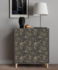 Light Gold Vintage Floral Butterfly Peel and Stick Wallpaper on cabinet front, dark background enhancing living room decor