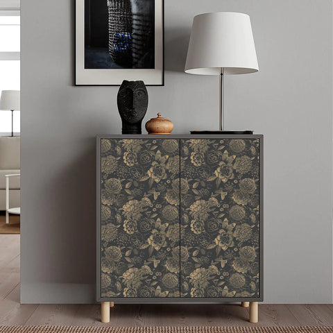 Light Gold Vintage Floral Butterfly Peel and Stick Wallpaper on cabinet front, dark background enhancing living room decor