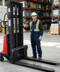 Walkie Pallet Stacker Semi Electric 3300 Lb Capacity 94 Inch Lift Height 48 Volt Battery Powered Warehouse Equipment in use by operator.