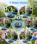 Dope Solar Powered Glass Fountain Pump With 2000mAh Battery showcasing 7 water spray styles in garden setting