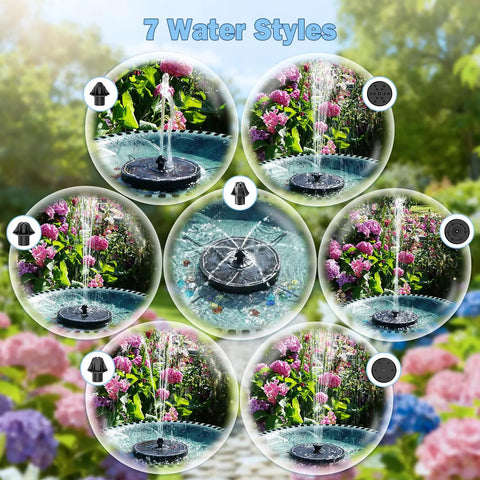 Dope Solar Powered Glass Fountain Pump With 2000mAh Battery showcasing 7 water spray styles in garden setting