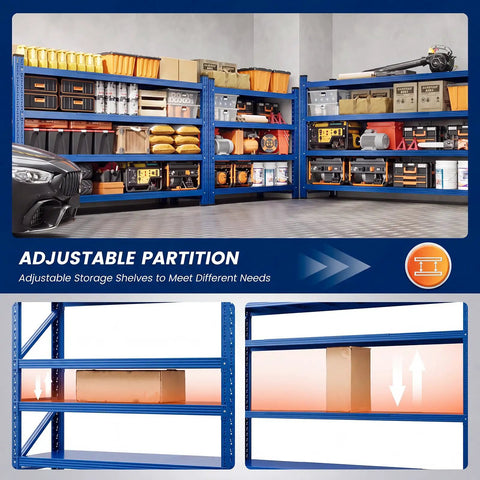 Tough As Nails Four Tier Garage Shelving Unit built tough, adjustable steel shelves showing tools and storage boxes.