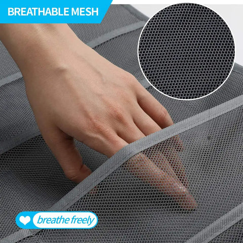 Close-up of breathable mesh fabric on Enlarged Closet Hanging Bra Organizer With Rotating Metal Hanger Dual Sided Wall Shelf Wardrobe Mesh Pockets