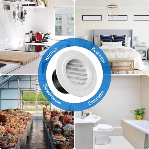 4 Inch Round Exhaust Vent Cover With Built In Fly Screen For Bathroom Kitchen Office Home White Durable ABS Soffit Vent With Weather Seal And Detachable Mesh For Easy Cleaning Keeps Leaks And Drafts Out showcased in different room uses