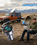 Road Trip Ready 3 In 1 Car Adapter For Starlink Mini with 10 foot cable, used while camping with a laptop outdoors.