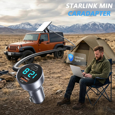 Road Trip Ready 3 In 1 Car Adapter For Starlink Mini with 10 foot cable, used while camping with a laptop outdoors.