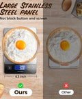 Comparison of Smart 33 Lb Digital Kitchen Scale For Baking And Cooking with a wooden bowl and egg on stainless steel platform.