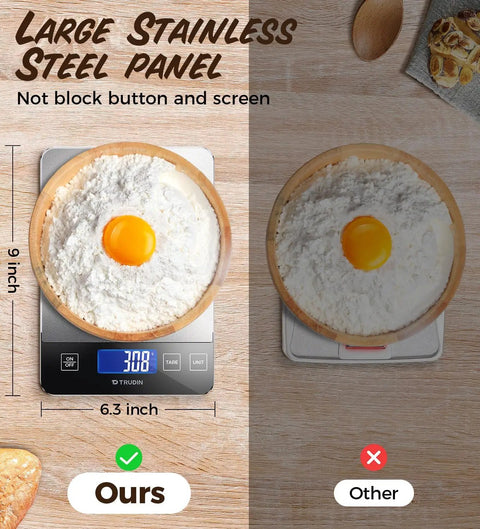 Comparison of Smart 33 Lb Digital Kitchen Scale For Baking And Cooking with a wooden bowl and egg on stainless steel platform.