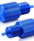 Solid Aluminum Two Piece Brake Proportioning Valve Bleeder Tool Kit For Disc And Drum Systems With Pv2 Pv4 Shuttle Valve Compatibility, close-up of blue aluminum bleeder tools.
