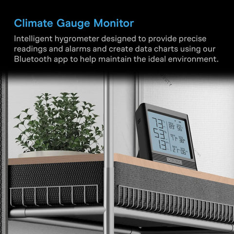 Smart Temp Humidity VPD Hygrometer B2 With LCD Display and Bluetooth App Monitor on a shelf in a modern interior.