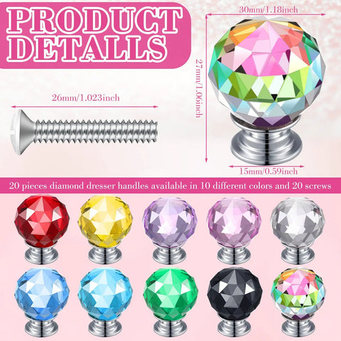 Crystal Drawer Knobs Set 20 Pcs Diamond Dresser Knobs 30mm Multicolored Cute Style With Included Screws For Cabinets Drawers Wardrobe Kitchen Bookcase Home Decor showing multicolored crystal knobs and screw dimensions.
