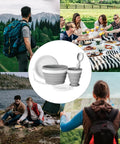 Collapsible Silicone Cup And Bowl Set For Camping Portable Ultralight Mess Kit With 950ml Bowl And 200ml Cup Plus Stainless Steel Salad Spoon For One Person Backpackers Hikers Outdoor Travel, displayed in a camping and picnic setting with hikers and outdoor enthusiasts.