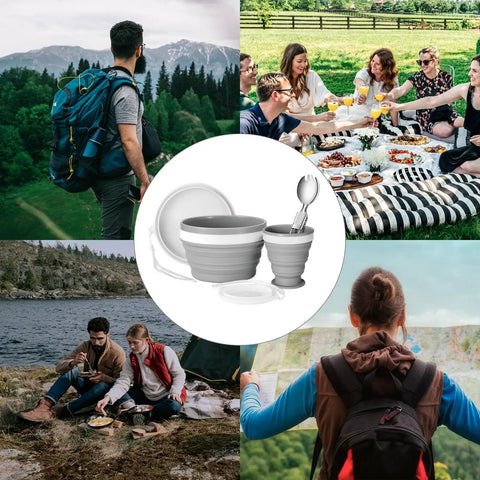 Collapsible Silicone Cup And Bowl Set For Camping Portable Ultralight Mess Kit With 950ml Bowl And 200ml Cup Plus Stainless Steel Salad Spoon For One Person Backpackers Hikers Outdoor Travel, displayed in a camping and picnic setting with hikers and outdoor enthusiasts.