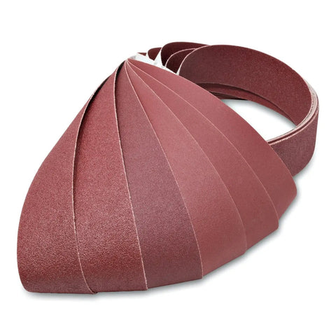 Heavy Duty 2 By 72 Inch Flexible Aluminum Oxide Sanding Belts Multipurpose For Wood Leather Rubber Plastic And Light Metalworking In 60 80 120 220 320 400 Grits 6 Pack, showing a fan arrangement of belts.