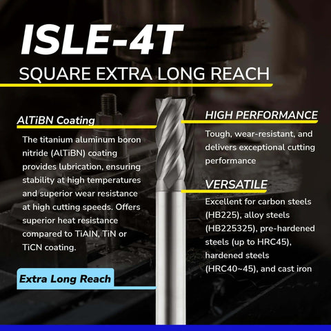 Speed Tiger ISLE-4T square end mill, front view, extra-long reach, 5/16 in, 4-flute carbide with AlTiBN coating
