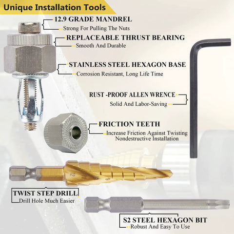 Unique installation tools for 1/4-20 Jack Nuts With Install Tool Kit, featuring mandrel, thrust bearing, hexagon base, and drill.