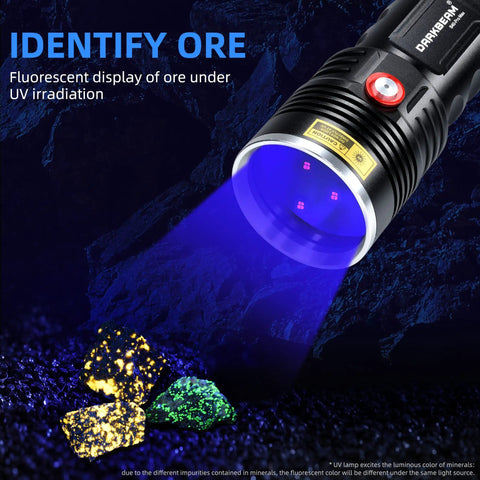 365nm UV Flashlight Black Light Rechargeable Pro Grade 36W High Power Woods Lamp illuminating fluorescent minerals.