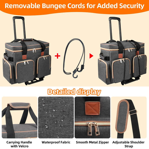 Detachable Trolley Rolling Teacher Tote Bag With Padded Laptop Compartment, waterproof fabric, adjustable strap, and detailed zippers.