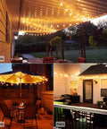 G40 LED Replacement Bulbs 1W Shatterproof Globe illuminating patio, pergola, and balcony at night, warm white light ambiance.